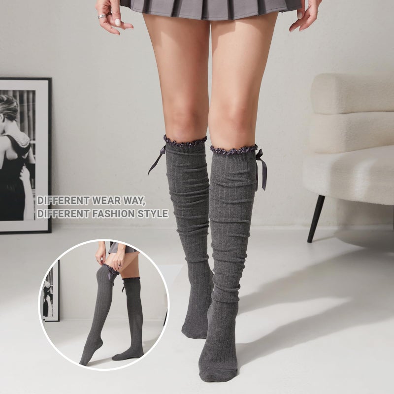 TOCONFFON Women's Girls Thigh High Stockings Over the Knee Socks with Satin Bows(Dark Grey,One Size) - Image 5