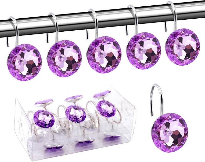 BEAVO Acrylic Fashion Decorative Home Rolling Purple Shower Curtain Hooks Rhinestones Bathroom Bath Baby Room Bedroom Living Room Decor Set of 12 Rings (Purple) - Image 1