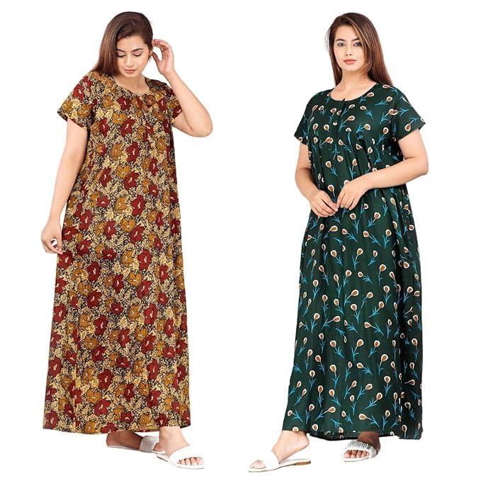 Vlazom Women's Pure Cotton Rajasthani Nighty & Jaipuri Maxi Gown – Pack of 2, Soft & Breathable Sleepwear (Brown&Green, Free Size) - Image 1