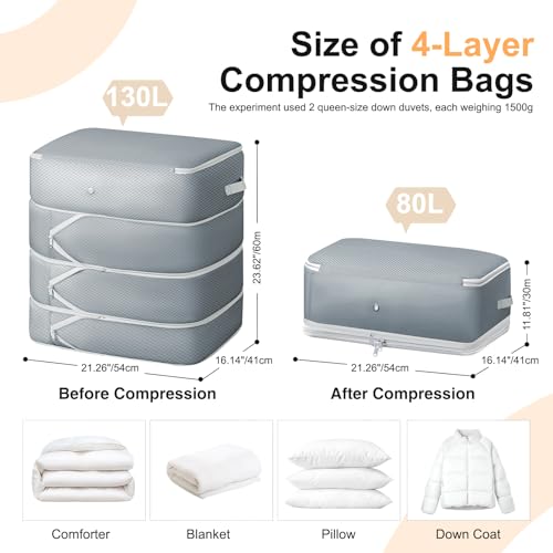 Easortm Comforter Storage Bag - 130L Large Capacity Blanket Storage Bags 4-Layer Ultra Space Saving Self Compression Organizer, Washable Compression Bags for Storage Comforter Blanket, 2-Pack, Grey - Image 2