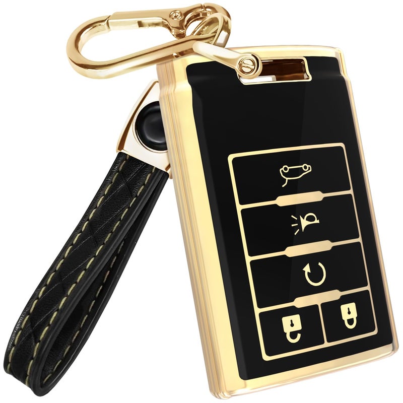 Lucrum Compatible with Cadillac Escalade Key Fob Cover Leather Keychain Keyfob Case for ATS CTS DTS SRX STS XTS 20082015 Black and Gold - Image 3