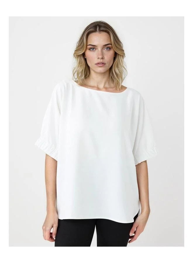 Jimmy Key Ecru Comfortable Fit Round Neck Elbow Sleeve Woven Blouse.
