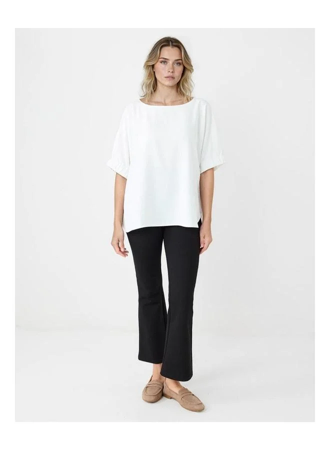 Jimmy Key Ecru Comfortable Fit Round Neck Elbow Sleeve Woven Blouse.