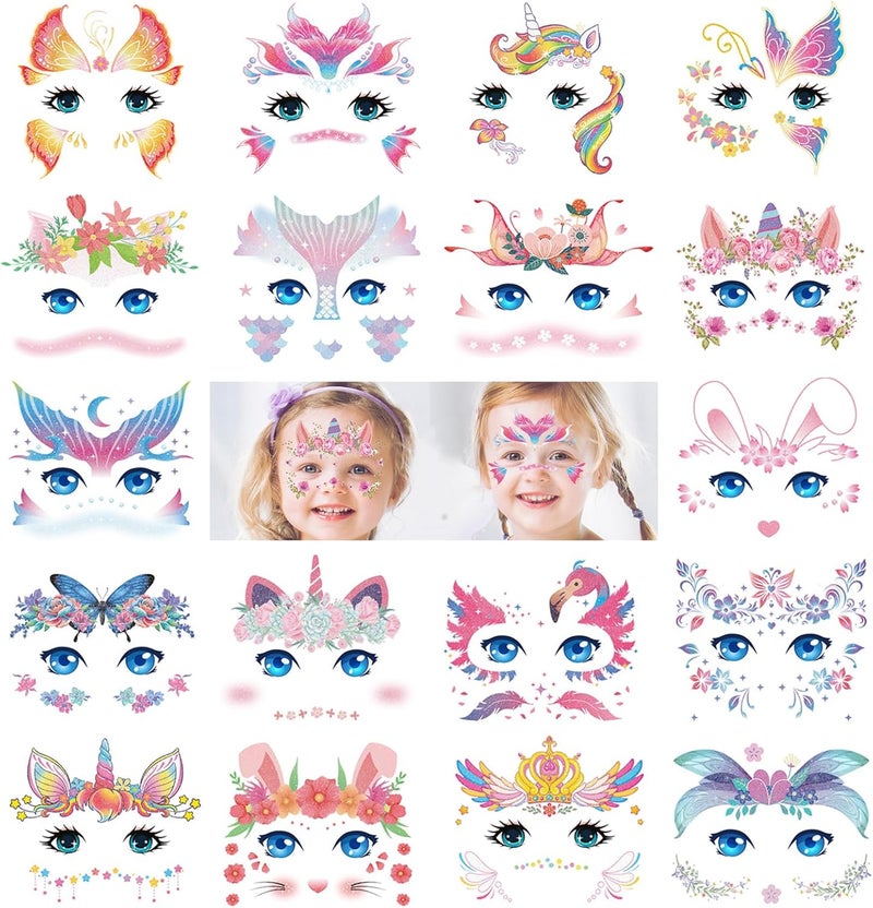 18 Sheets Glitter Temporary Tattoos for KidsCute Animal Face Paint Makeup Tattoo Stickers for Girls Birthday Decorations Animals Party Bags Fillers Favor SuppliesAssorted Designs