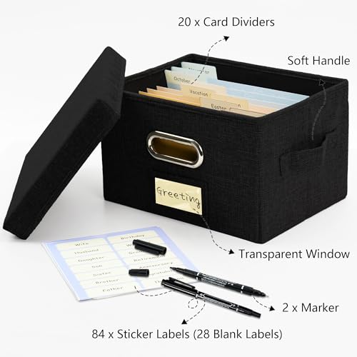 Remowith Greeting Card Organizer and Storage Box with 20 Pcs Adjustable Dividers, Storing Cards with 84 Pcs Labels Perfect for Storing Greeting Cards, Envelopes, Photos 1 Pack Black - Image 3