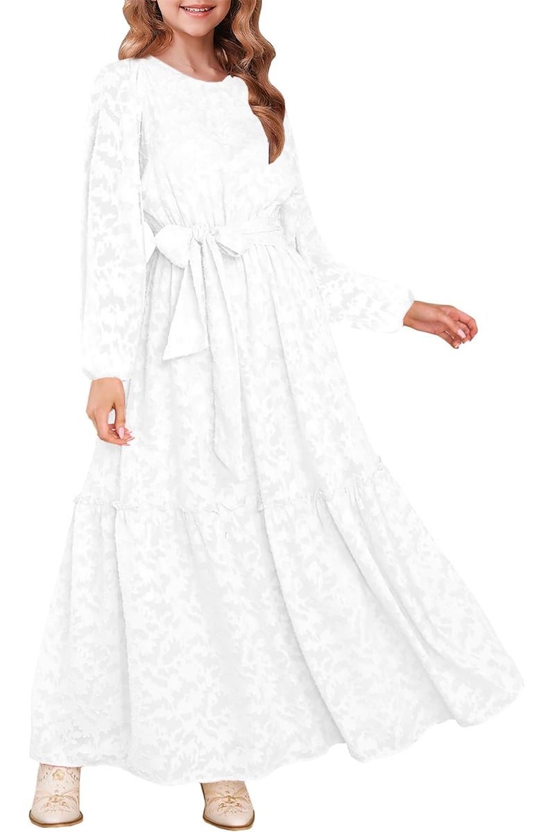 MITILLY Fall Girls Flower Dress Long Sleeve Crew Neck A-Line Elastic Waist Swing Party Maxi Dresses with Belt 8 Years White - Image 1