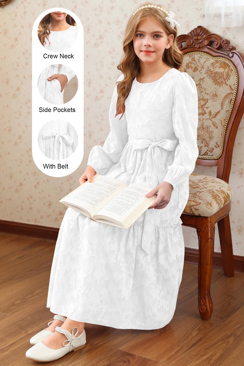 MITILLY Fall Girls Flower Dress Long Sleeve Crew Neck A-Line Elastic Waist Swing Party Maxi Dresses with Belt 8 Years White - Image 5
