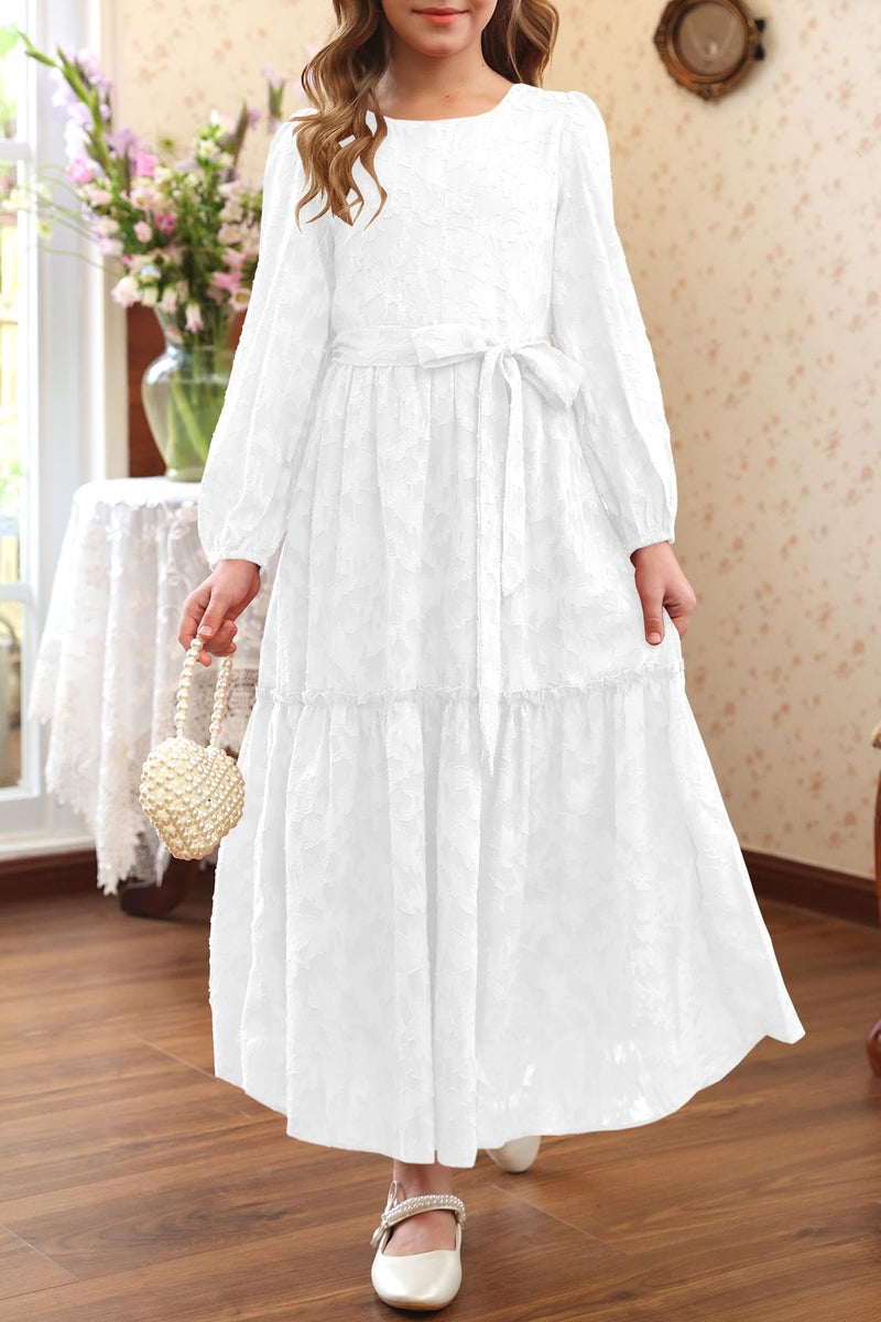 MITILLY Fall Girls Flower Dress Long Sleeve Crew Neck A-Line Elastic Waist Swing Party Maxi Dresses with Belt 8 Years White - Image 2