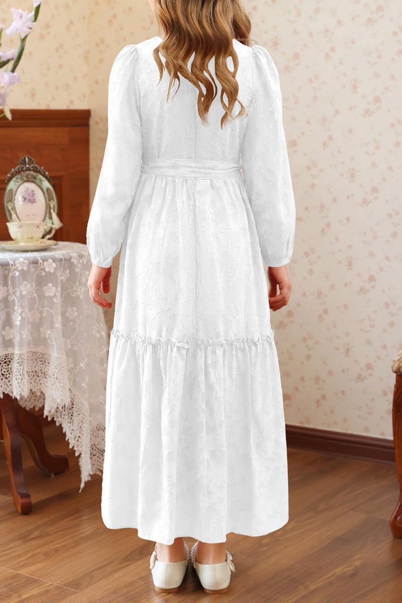 MITILLY Fall Girls Flower Dress Long Sleeve Crew Neck A-Line Elastic Waist Swing Party Maxi Dresses with Belt 8 Years White - Image 4