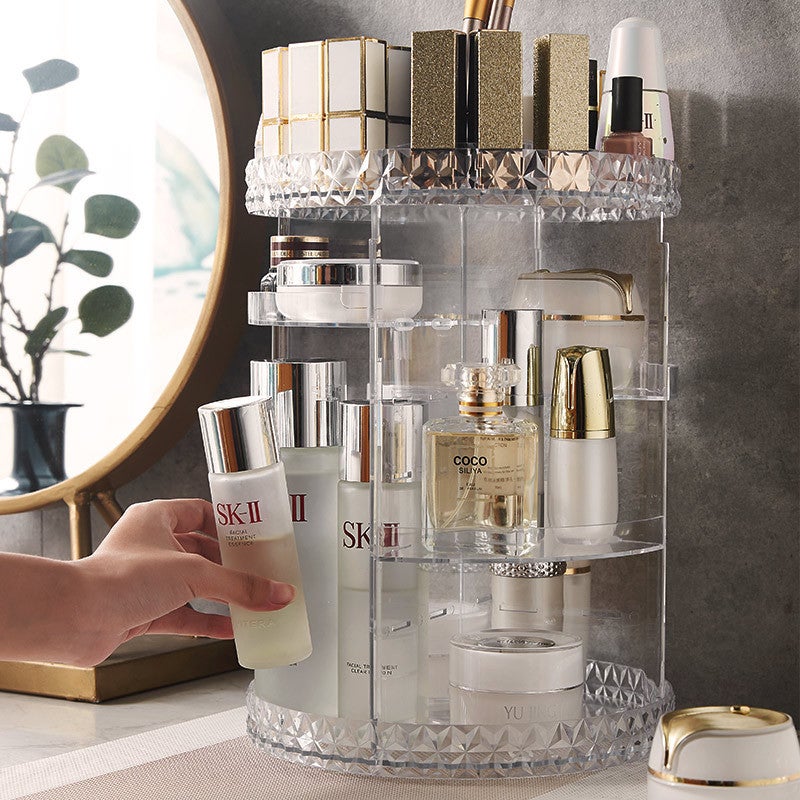 Light Luxury Transparent Cosmetic Storage Box 360 Degree Rotating Desktop Dressing Table Skin Care Lipstick Brush Rack(Transparent diamond) - Image 5
