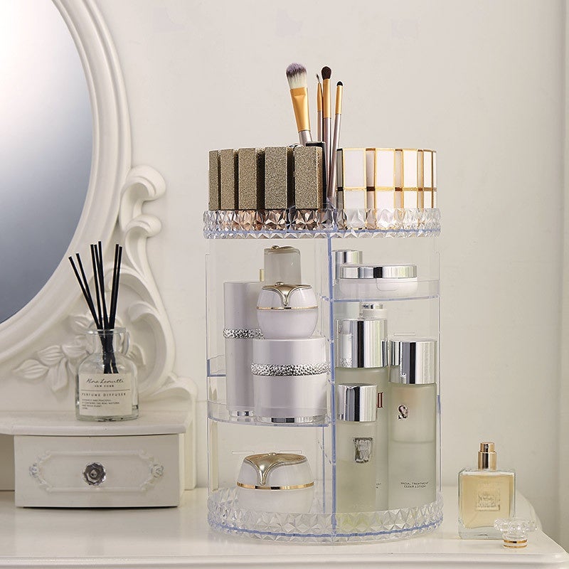 Light Luxury Transparent Cosmetic Storage Box 360 Degree Rotating Desktop Dressing Table Skin Care Lipstick Brush Rack(Transparent diamond) - Image 1