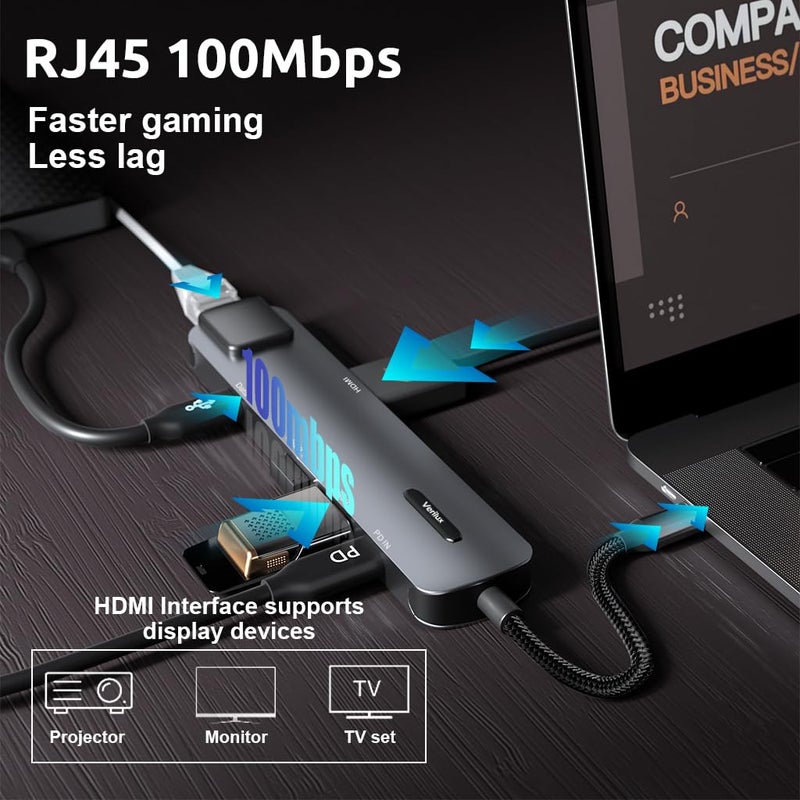 Verilux ® USB C Hub with Ethernet 6 in 1 USB Type C Hub with 4K HDMI Converter, PD 100W Charging Port, Multi USB Port for Laptop with USB Hub 3.0 and 2.0 for MacBook Air M1 Pro, iPhone 15 Max Pro Plus - Image 3