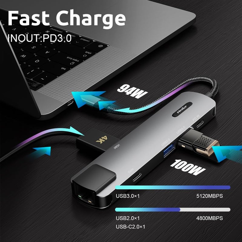 Verilux ® USB C Hub with Ethernet 6 in 1 USB Type C Hub with 4K HDMI Converter, PD 100W Charging Port, Multi USB Port for Laptop with USB Hub 3.0 and 2.0 for MacBook Air M1 Pro, iPhone 15 Max Pro Plus - Image 2