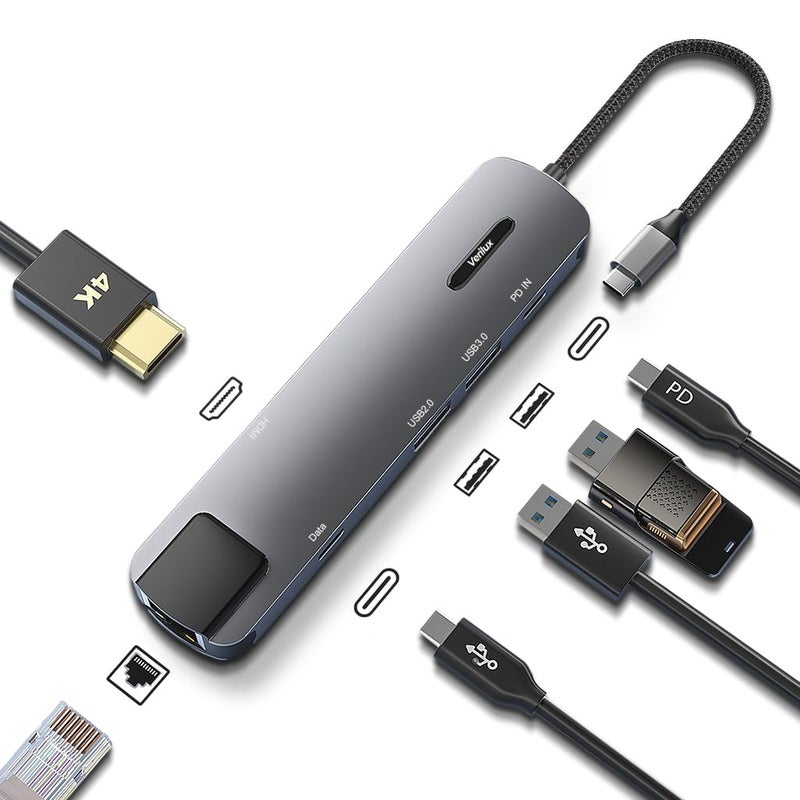Verilux ® USB C Hub with Ethernet 6 in 1 USB Type C Hub with 4K HDMI Converter, PD 100W Charging Port, Multi USB Port for Laptop with USB Hub 3.0 and 2.0 for MacBook Air M1 Pro, iPhone 15 Max Pro Plus - Image 1