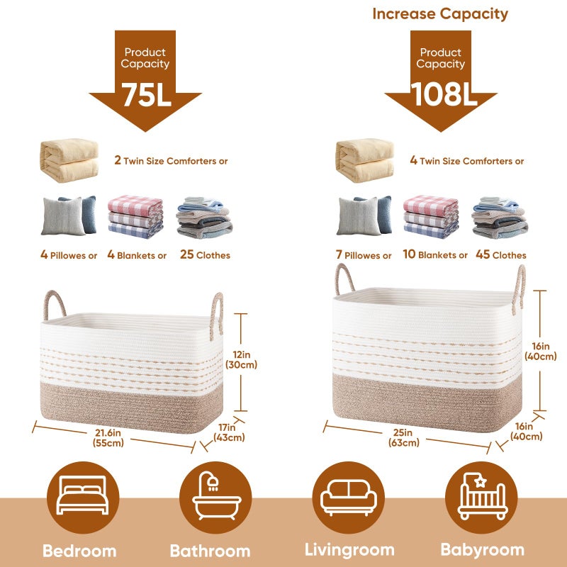 OIASKET Large Blanket Basket for Toys, Pillow and Clothes, 75L Woven Storage Baskets for Blankets Living Room, Rectangle Cotton Rope Toy Basket with Handles-Brown & White - Image 4