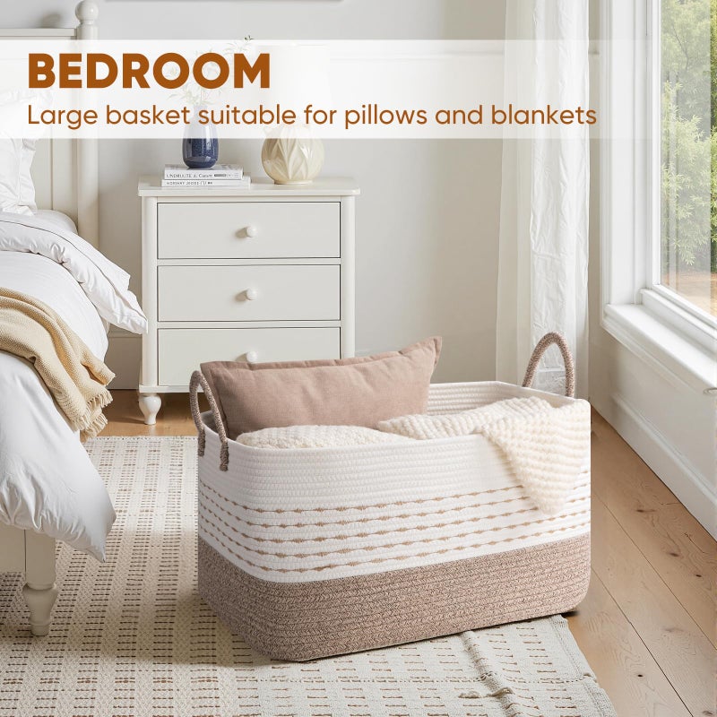 OIASKET Large Blanket Basket for Toys, Pillow and Clothes, 75L Woven Storage Baskets for Blankets Living Room, Rectangle Cotton Rope Toy Basket with Handles-Brown & White - Image 5