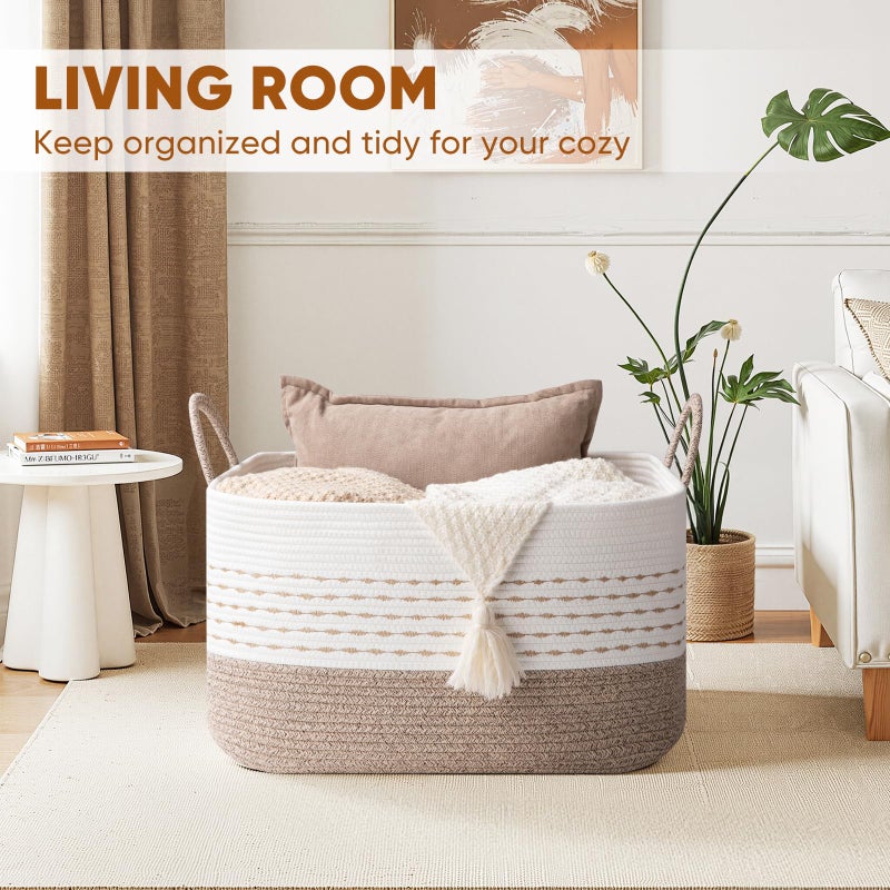 OIASKET Large Blanket Basket for Toys, Pillow and Clothes, 75L Woven Storage Baskets for Blankets Living Room, Rectangle Cotton Rope Toy Basket with Handles-Brown & White - Image 2