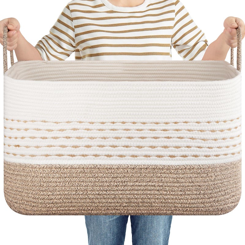 OIASKET Large Blanket Basket for Toys, Pillow and Clothes, 75L Woven Storage Baskets for Blankets Living Room, Rectangle Cotton Rope Toy Basket with Handles-Brown & White - Image 1