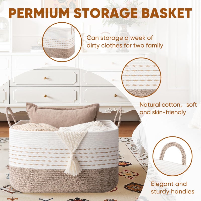 OIASKET Large Blanket Basket for Toys, Pillow and Clothes, 75L Woven Storage Baskets for Blankets Living Room, Rectangle Cotton Rope Toy Basket with Handles-Brown & White - Image 3