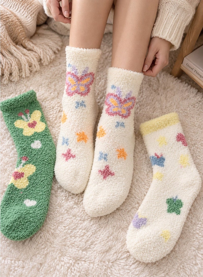 Socks For Ladies 3 Pairs Women's Winter Fuzzy Socks, Soft Warm Coral Fleece Mid Calf Socks With Colorful Butterfly and Floral Patterns, Thick Fluffy Cozy Socks in Green Cream and Yellow for Everyday Wear and Home Use, Size 36-39 - Image 1