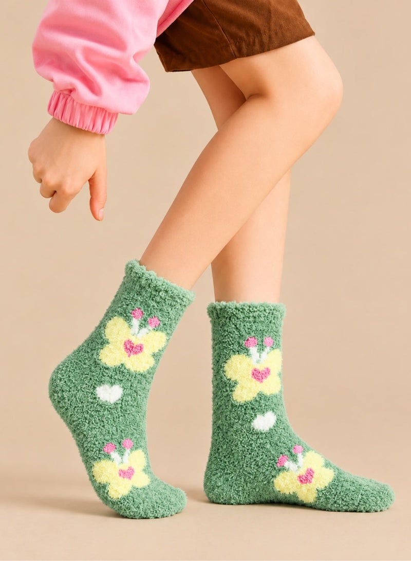 Socks For Ladies 3 Pairs Women's Winter Fuzzy Socks, Soft Warm Coral Fleece Mid Calf Socks With Colorful Butterfly and Floral Patterns, Thick Fluffy Cozy Socks in Green Cream and Yellow for Everyday Wear and Home Use, Size 36-39 - Image 4
