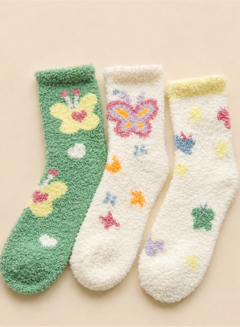 Socks For Ladies 3 Pairs Women's Winter Fuzzy Socks, Soft Warm Coral Fleece Mid Calf Socks With Colorful Butterfly and Floral Patterns, Thick Fluffy Cozy Socks in Green Cream and Yellow for Everyday Wear and Home Use, Size 36-39 - Image 2