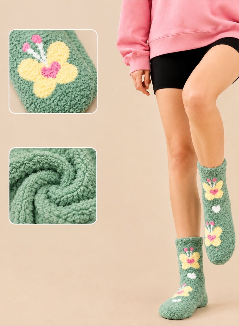 Socks For Ladies 3 Pairs Women's Winter Fuzzy Socks, Soft Warm Coral Fleece Mid Calf Socks With Colorful Butterfly and Floral Patterns, Thick Fluffy Cozy Socks in Green Cream and Yellow for Everyday Wear and Home Use, Size 36-39 - Image 5