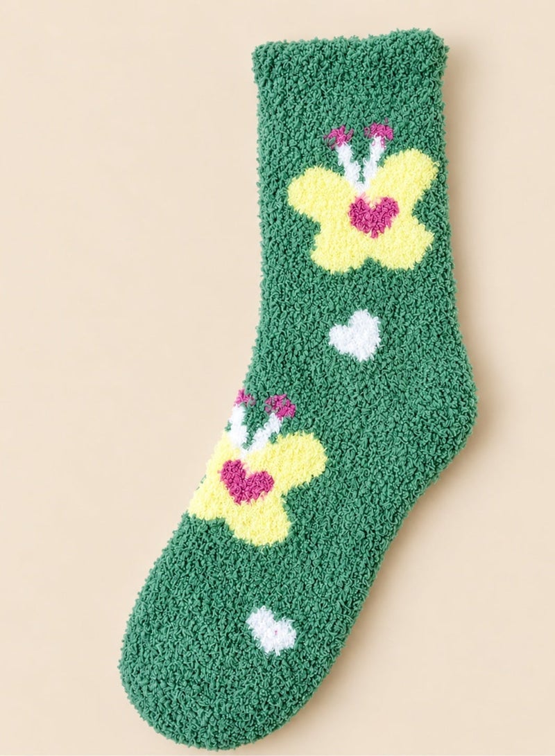 Socks For Ladies 3 Pairs Women's Winter Fuzzy Socks, Soft Warm Coral Fleece Mid Calf Socks With Colorful Butterfly and Floral Patterns, Thick Fluffy Cozy Socks in Green Cream and Yellow for Everyday Wear and Home Use, Size 36-39 - Image 3
