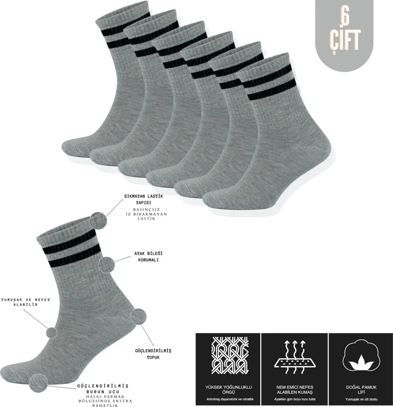 Lüx Kral Lux King Lux King Men's Women's (6 Pairs) Striped College Tennis Socks Cotton Anti-Sweat Socks
