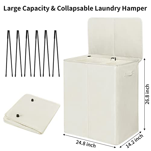 WOWLIVE 154L Double Laundry Hamper with Lid and Removable Laundry Bags, Large Dirty Clothes Hamper 2 section Collapsible Laundry Basket Dorm Room Storage for Bedroom, Bathroom, College,Beige - Image 5