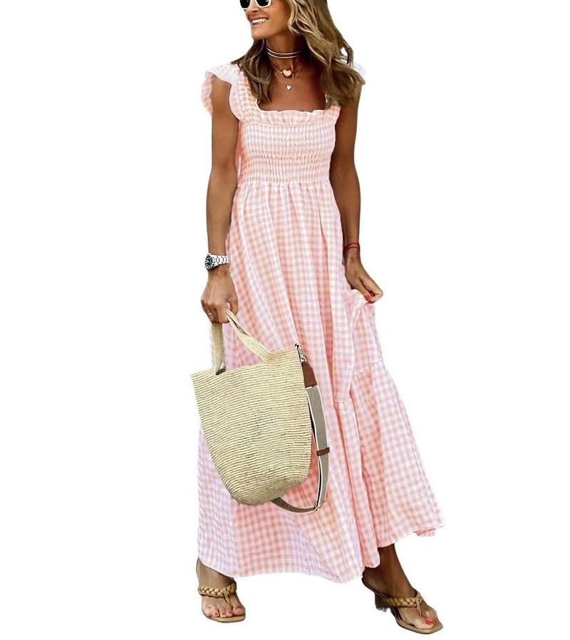 chouyatou Women's Retro Plaid Smocked Dress Spaghetti Strap Flounce Long Dress (Small, Orange Pink) - Image 1