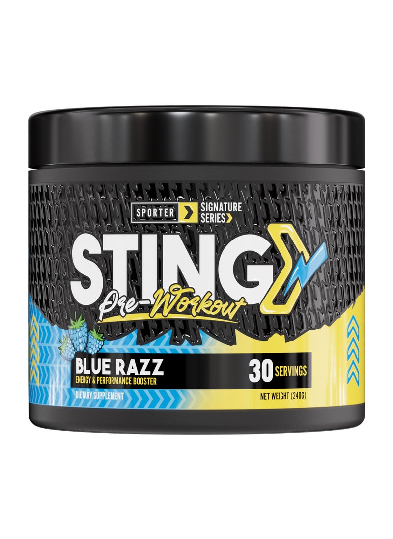 SPORTER Sporter Sting Pre-Workout – Blue Razz | 30 Servings | Energy, Strength & Focus Booster | 180mg Caffeine | L-Citrulline, Beta-Alanine & B-Vitamins | Sugar-Free | Dietary Supplement – 240g  - Image 1
