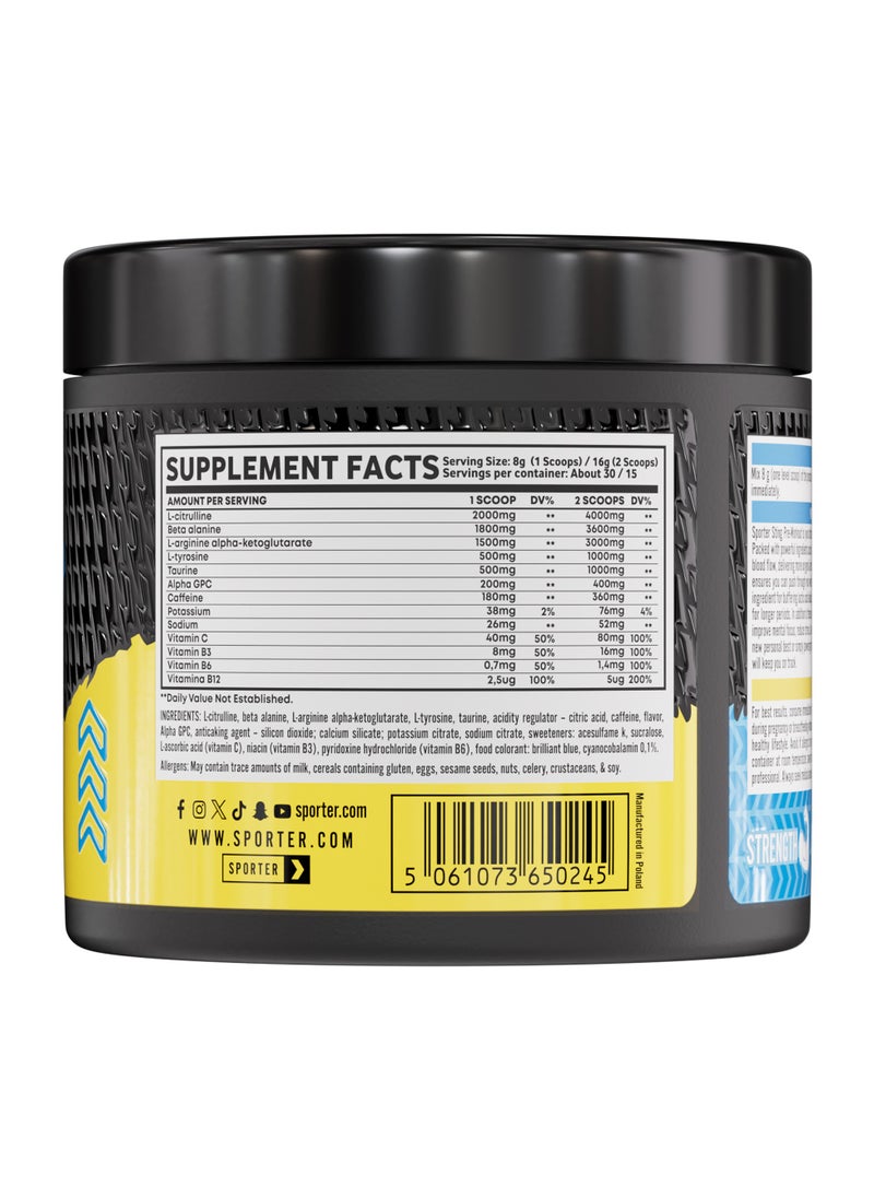 SPORTER Sporter Sting Pre-Workout – Blue Razz | 30 Servings | Energy, Strength & Focus Booster | 180mg Caffeine | L-Citrulline, Beta-Alanine & B-Vitamins | Sugar-Free | Dietary Supplement – 240g  - Image 2