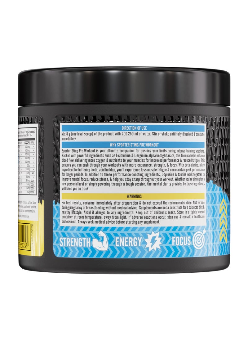 SPORTER Sporter Sting Pre-Workout – Blue Razz | 30 Servings | Energy, Strength & Focus Booster | 180mg Caffeine | L-Citrulline, Beta-Alanine & B-Vitamins | Sugar-Free | Dietary Supplement – 240g  - Image 3