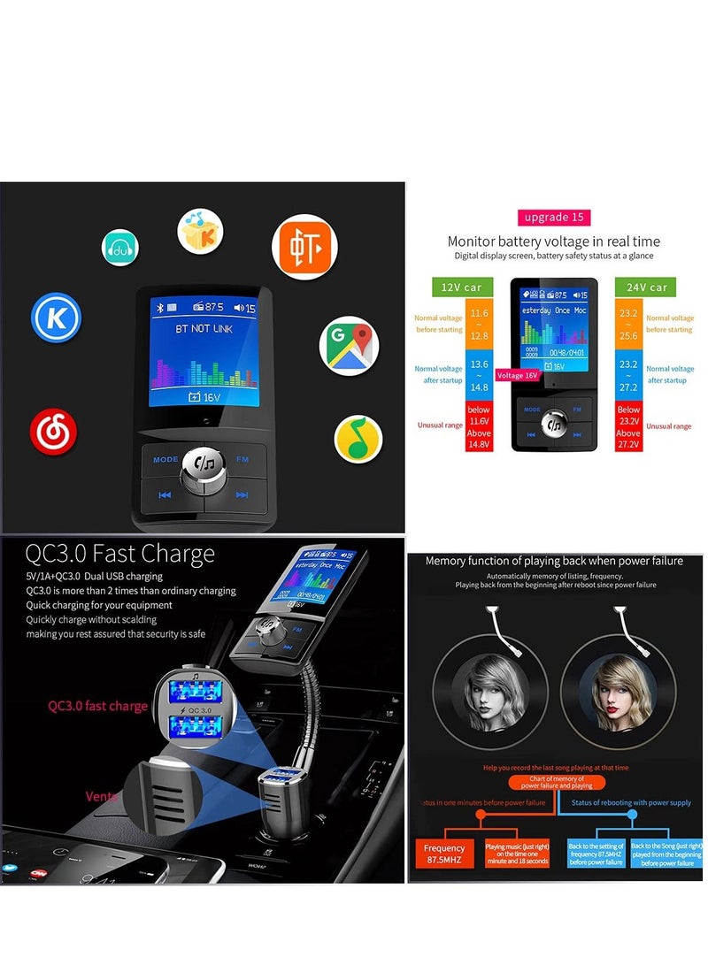 KASTWAVE Bluetooth FM Transmitter for Car 1.8" Color Screen Display Wireless Handsfree Radio Transmitter Car Charger Adapter Support TF Card USB Flash Drive Fast Charging - Image 5