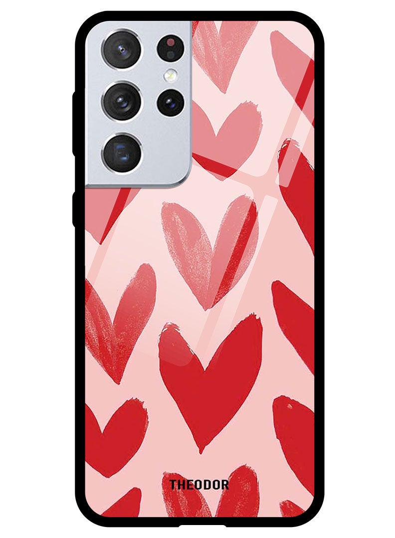 Theodor Protective Tempered Glass Case Cover Samsung Galaxy S21 ULTRA Hearts - Image 1