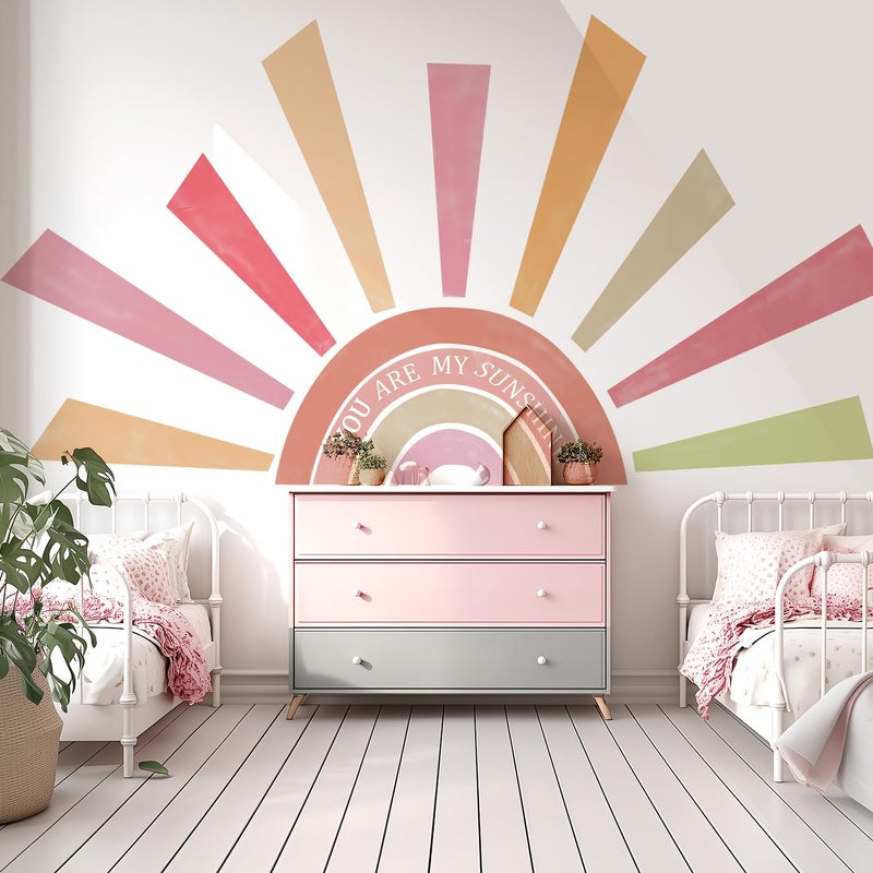 Kingarch Large Rainbow Sun Wall Decals, Inspirational Peel and Stick Fabric Nursery Wall Decor, Removable Home Room Wall Decor Murals Stickers for Kids Girls Toddler Bedroom Living Room Playroom - Image 1