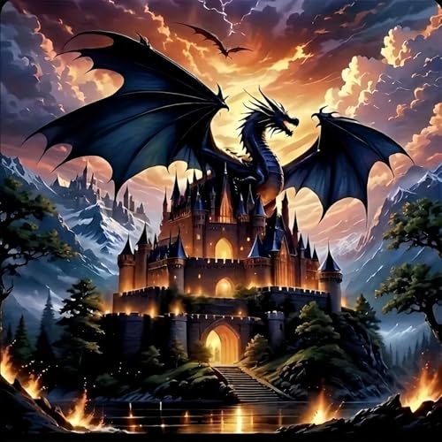 Acelii 5D Diamond Art Kits for Adults Beginners Dragon Castle，DIY Full Round Drill Diamond Painting Kits, Paint by Diamonds Dots Gem Art Crystal Easy，Home Wall Decor 13.78X13.78 Inch - Image 1