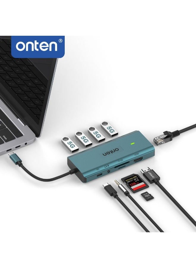 أونتن موزع ONTEN OTN-UC962 متعدد المنافذ (10 في 1) بتقنية USB-C؛ محطة إرساء شاملة تدعم دقة 4K HDMI، ومنفذ Gigabit Ethernet، ومنافذ USB 3.0، وقارئ بطاقات SD/TF، ​​ومنفذ صوت 3.5 مم، مع نقل بيانات فائق السرعة (5 جيجابت في الثانية) وشحن سريع بقوة 100 واط (PD 3.0). يتميز بتصميم من سبائك الألومنيوم، وهو مثالي للاستخدام مع أجهزة الكمبيوتر المحمولة والأجهزة اللوحية والهواتف الذكية، سواء في المكتب أو أثناء السفر أو للترفيه. - Image 1