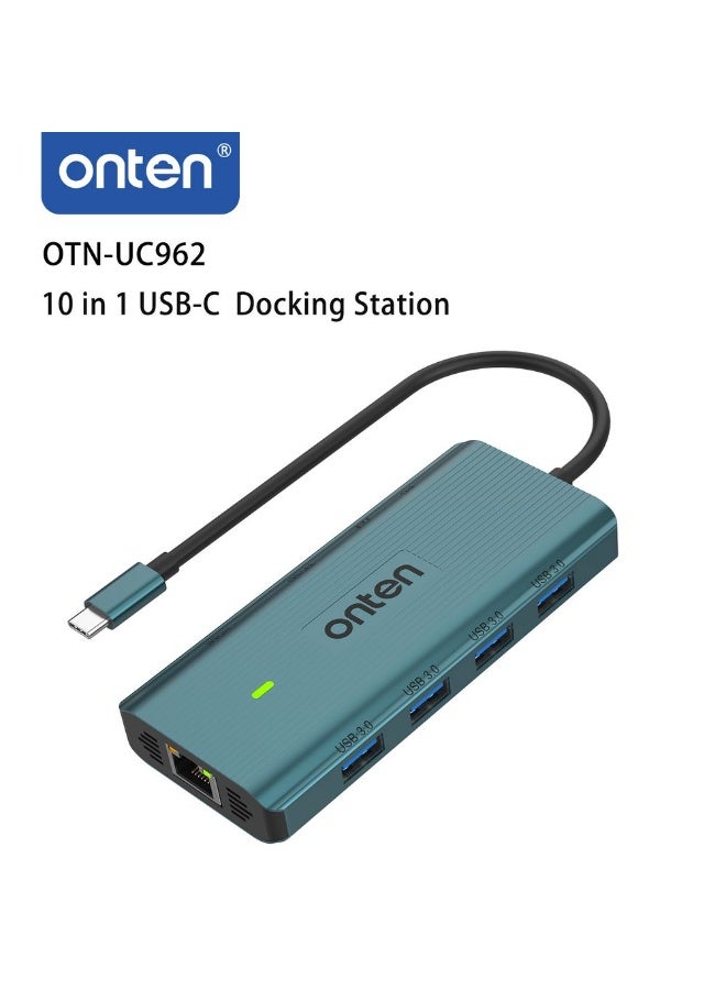 أونتن موزع ONTEN OTN-UC962 متعدد المنافذ (10 في 1) بتقنية USB-C؛ محطة إرساء شاملة تدعم دقة 4K HDMI، ومنفذ Gigabit Ethernet، ومنافذ USB 3.0، وقارئ بطاقات SD/TF، ​​ومنفذ صوت 3.5 مم، مع نقل بيانات فائق السرعة (5 جيجابت في الثانية) وشحن سريع بقوة 100 واط (PD 3.0). يتميز بتصميم من سبائك الألومنيوم، وهو مثالي للاستخدام مع أجهزة الكمبيوتر المحمولة والأجهزة اللوحية والهواتف الذكية، سواء في المكتب أو أثناء السفر أو للترفيه. - Image 3