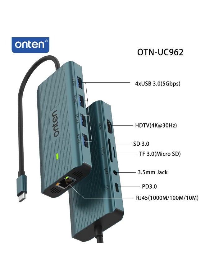 أونتن موزع ONTEN OTN-UC962 متعدد المنافذ (10 في 1) بتقنية USB-C؛ محطة إرساء شاملة تدعم دقة 4K HDMI، ومنفذ Gigabit Ethernet، ومنافذ USB 3.0، وقارئ بطاقات SD/TF، ​​ومنفذ صوت 3.5 مم، مع نقل بيانات فائق السرعة (5 جيجابت في الثانية) وشحن سريع بقوة 100 واط (PD 3.0). يتميز بتصميم من سبائك الألومنيوم، وهو مثالي للاستخدام مع أجهزة الكمبيوتر المحمولة والأجهزة اللوحية والهواتف الذكية، سواء في المكتب أو أثناء السفر أو للترفيه. - Image 2