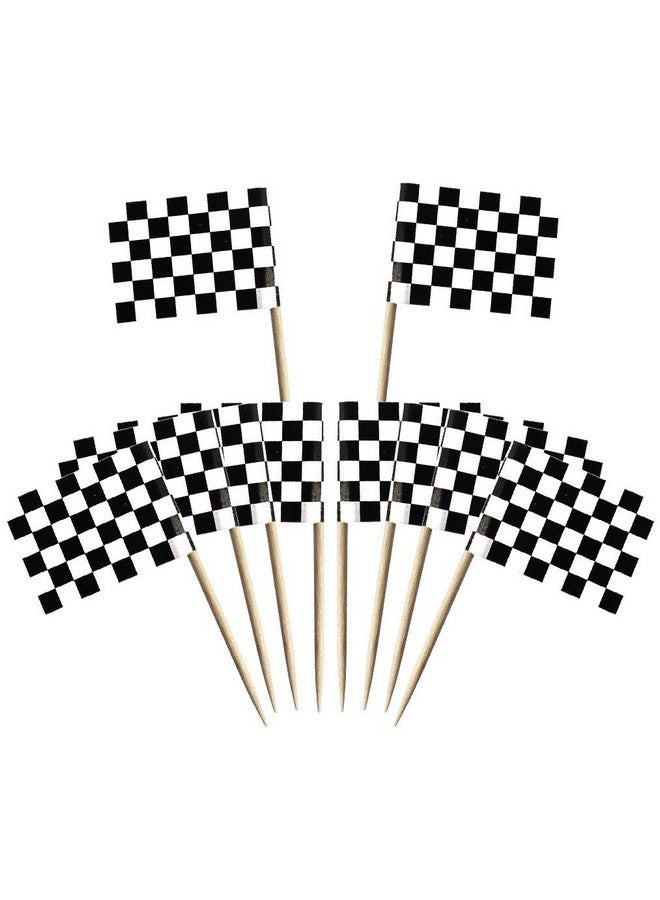 ووب عود أسنان من Wobe Flag - ١٠٠ قطعة لتزيين الكيك بطابع سباقات باللونين الأبيض والأسود لحفلات الكوكتيل - Image 1