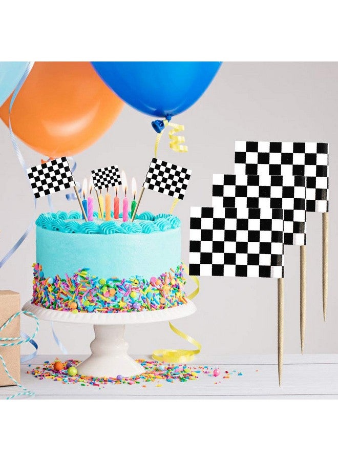 ووب عود أسنان من Wobe Flag - ١٠٠ قطعة لتزيين الكيك بطابع سباقات باللونين الأبيض والأسود لحفلات الكوكتيل - Image 4