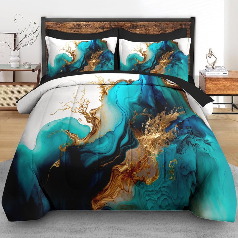 Pamnest Comforter Set Full Size, Mint Green Marble Gold 7 Pcs Bedding for Kids and Adults, Teal Turquoise Blue Bed Sheet Sets with Fitted Sheet 2 Pillowcase & 2 Sham for Bedroom Bed Decor - Image 3