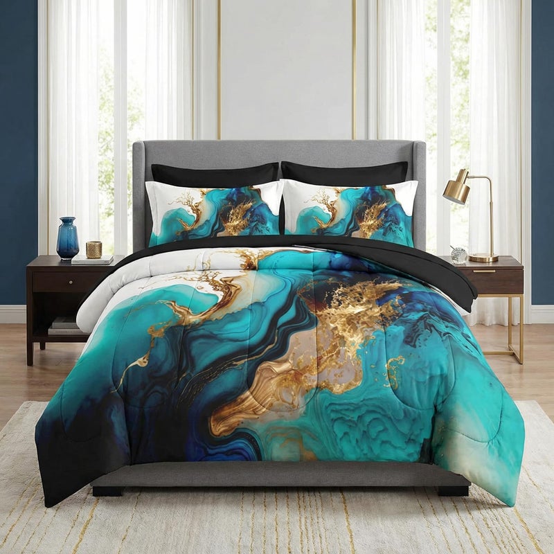 Pamnest Comforter Set Full Size, Mint Green Marble Gold 7 Pcs Bedding for Kids and Adults, Teal Turquoise Blue Bed Sheet Sets with Fitted Sheet 2 Pillowcase & 2 Sham for Bedroom Bed Decor - Image 1