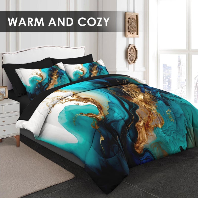 Pamnest Comforter Set Full Size, Mint Green Marble Gold 7 Pcs Bedding for Kids and Adults, Teal Turquoise Blue Bed Sheet Sets with Fitted Sheet 2 Pillowcase & 2 Sham for Bedroom Bed Decor - Image 2