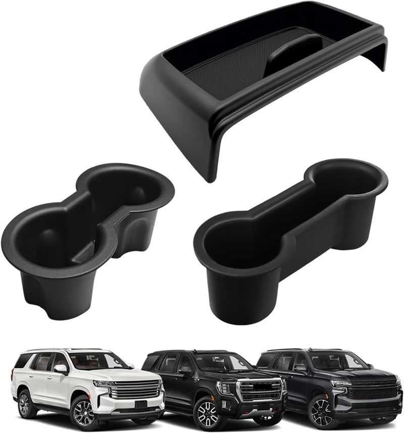 Muslogy صندوق تخزين وحامل أكواب من ، متوافق مع سيارات GMC Yukon وChevy Tahoe Suburban من طراز 2021-2024، يشمل حاملين للمشروبات في المقدمة والخلف، بالإضافة إلى منظم لوحة القيادة الأمامية، متوفر بكمية 2 قطعة. - Image 1