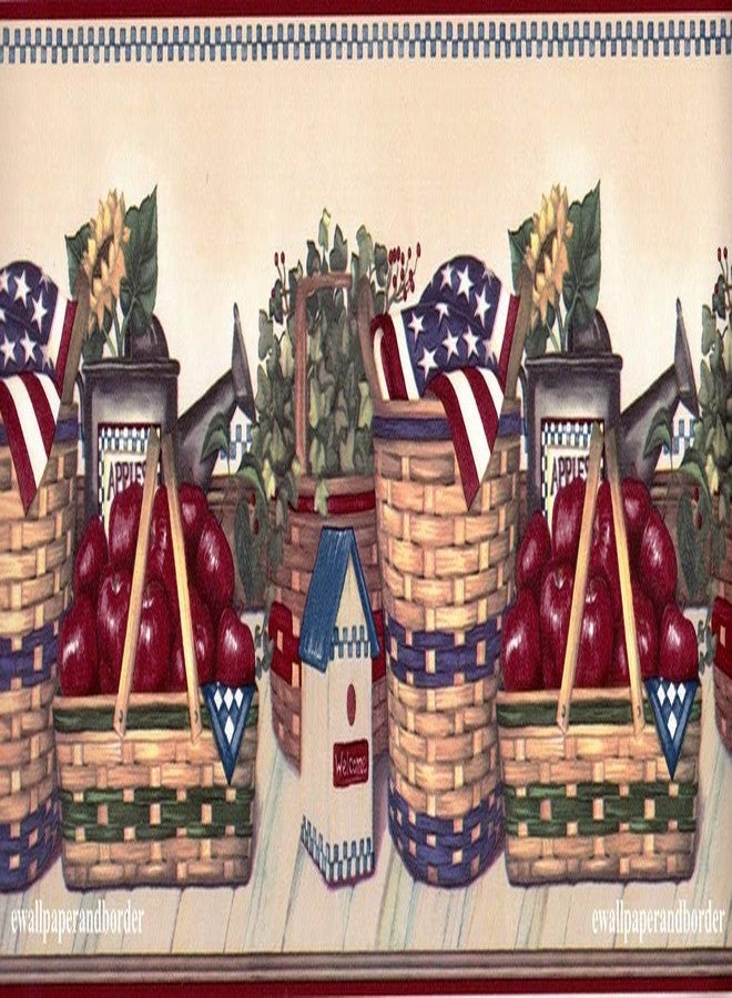 The Village Company USA Patriotic Stripes American Flags Wallpaper Border for Kitchen Bathroom Living Room, Roll 15' x 7'' - Image 1