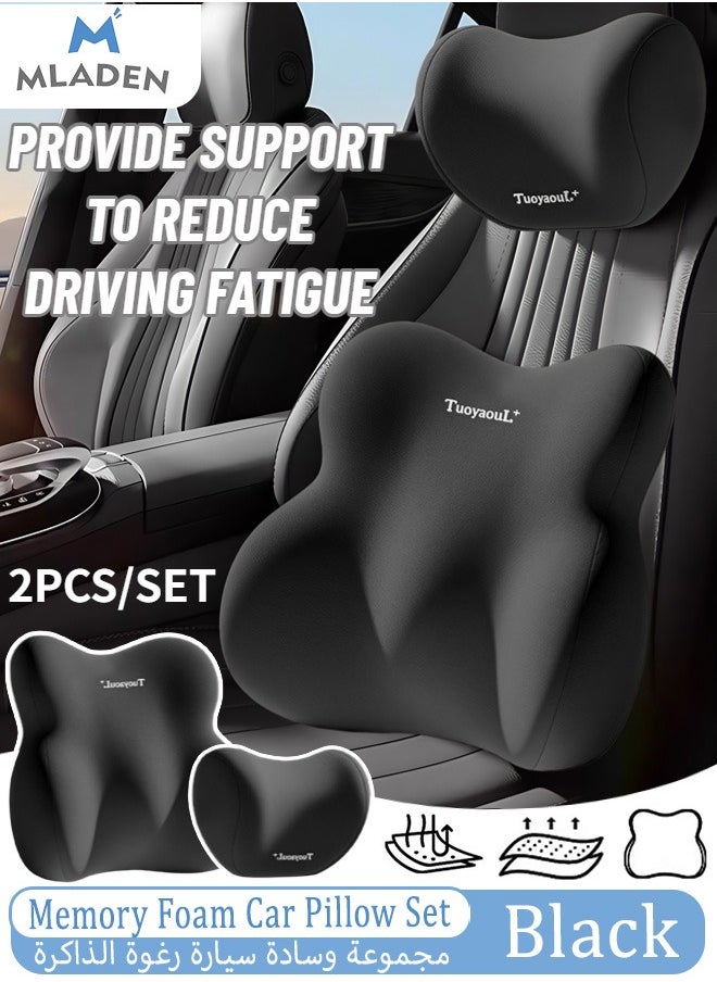 MLADEN 2PCS/Set Car Pillow Memory Foam Lumbar Support and Car Neck Pillow Kit Ergonomic Office Chair Headrest Pillow Car Back Support Pillow Set with Adjustable Strap (Black)  - Image 1