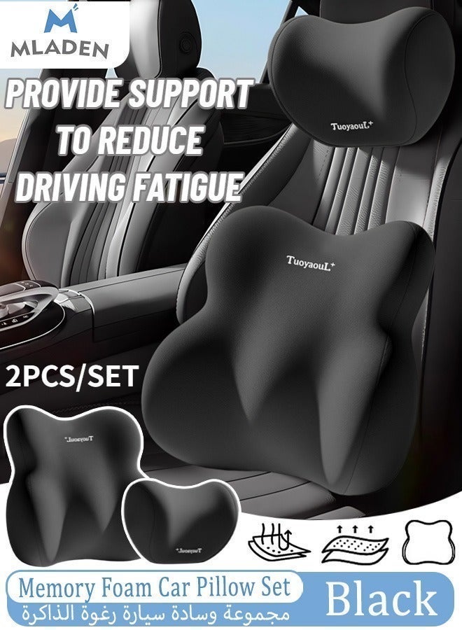 MLADEN 2PCS/Set Car Pillow Memory Foam Lumbar Support and Car Neck Pillow Kit Ergonomic Office Chair Headrest Pillow Car Back Support Pillow Set with Adjustable Strap (Black) - Image 1